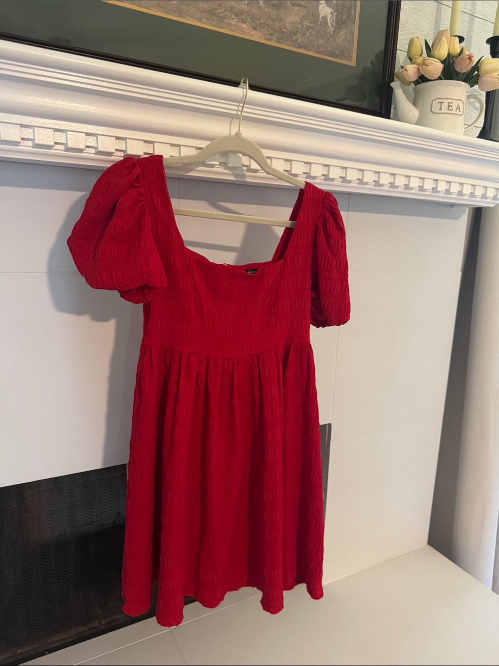 SHEIN Red Puff-Sleeve Square Neck Mini Dress